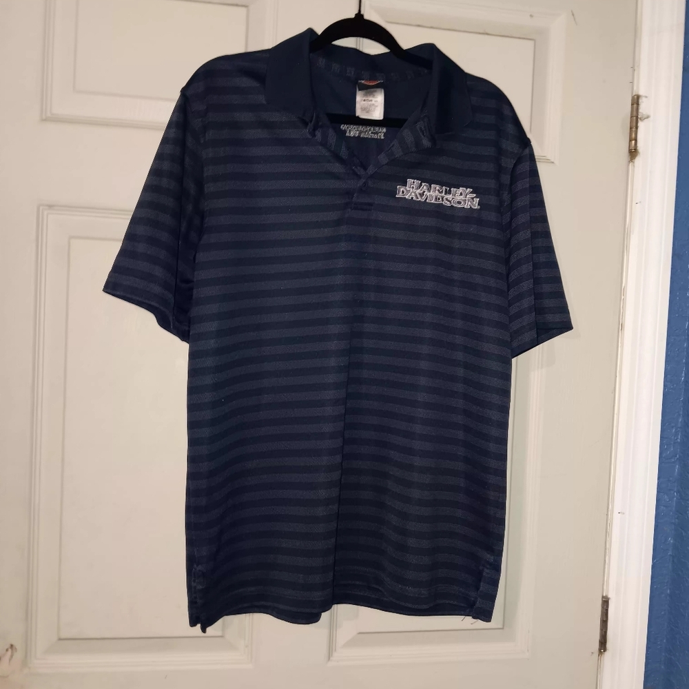 Harley-Davidson Men's Dark Blue Striped Polo Sz L